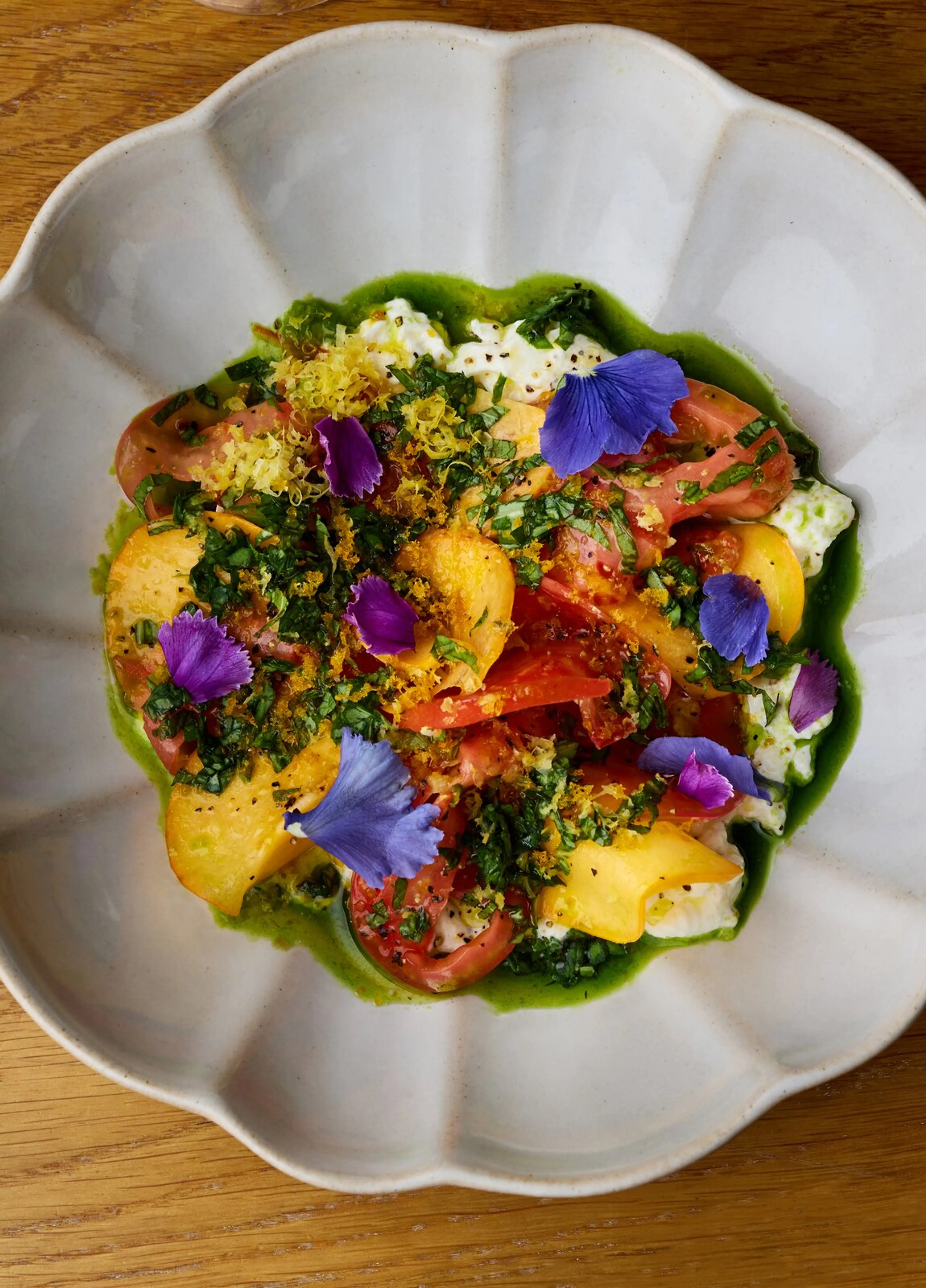 Tomato & Peach Carpaccio with Burrata & Bottarga