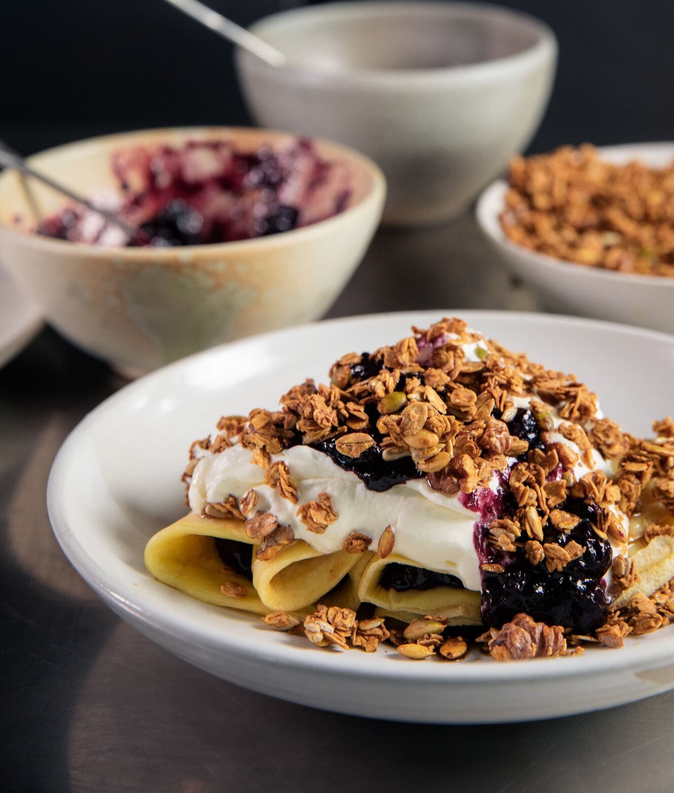 Fermented Pancakes with Jam, Yogurt & Granola