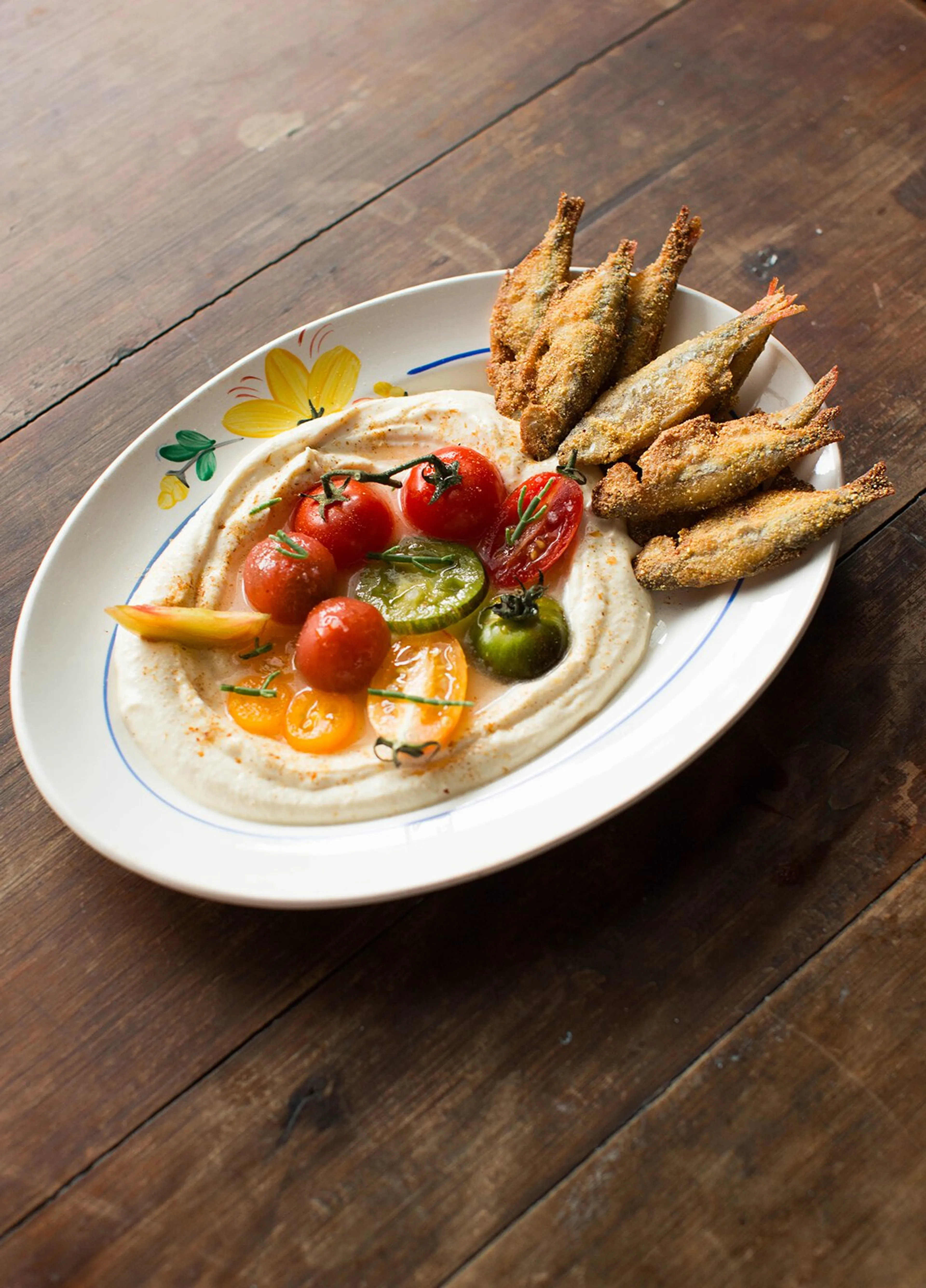 Fried Fish, Labneh & Tomato